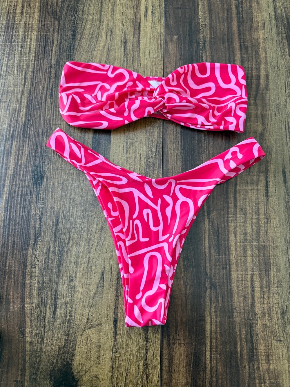 SHEIN Hot Pink & Light Pink Abstract Bandeau Bikini Set